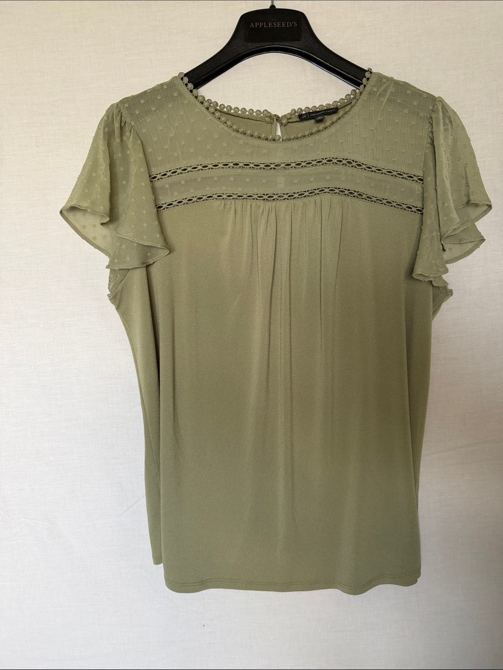 Adrianna Papell Olive Green Lace-Yoke Flutter Sleeve Blouse